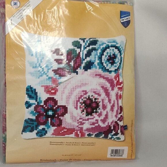 Flower Paradise I Floral Cross-Stitch Pillow Cover Blue Pink Vervaco 0153912 - Picture 2 of 3